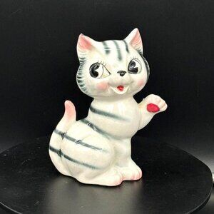 Vintage 1950's Adorable Ceramic Black White Tiger Striped Cat Figurine 5"